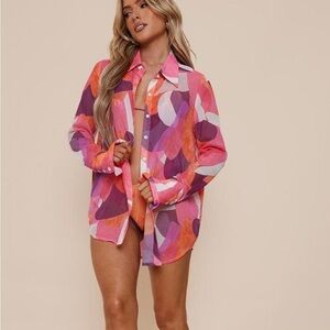 89.) PrettyLittleThing Pink and Purple Abstract Swim Coverup